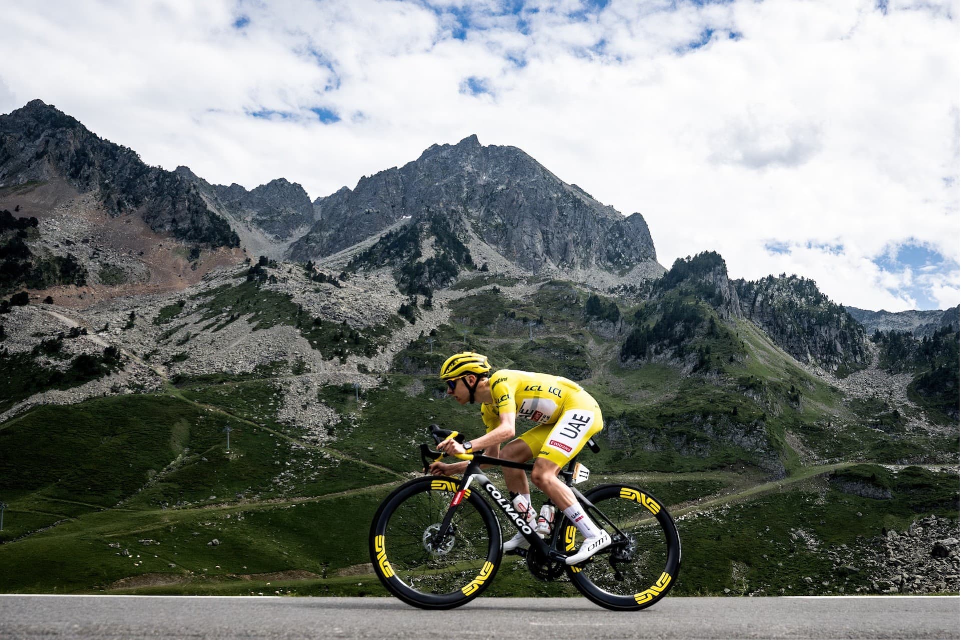 Tadej Pogačar climbs in the Tour de France