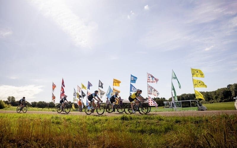 Cyclists ride past flags at the 2024 TDF