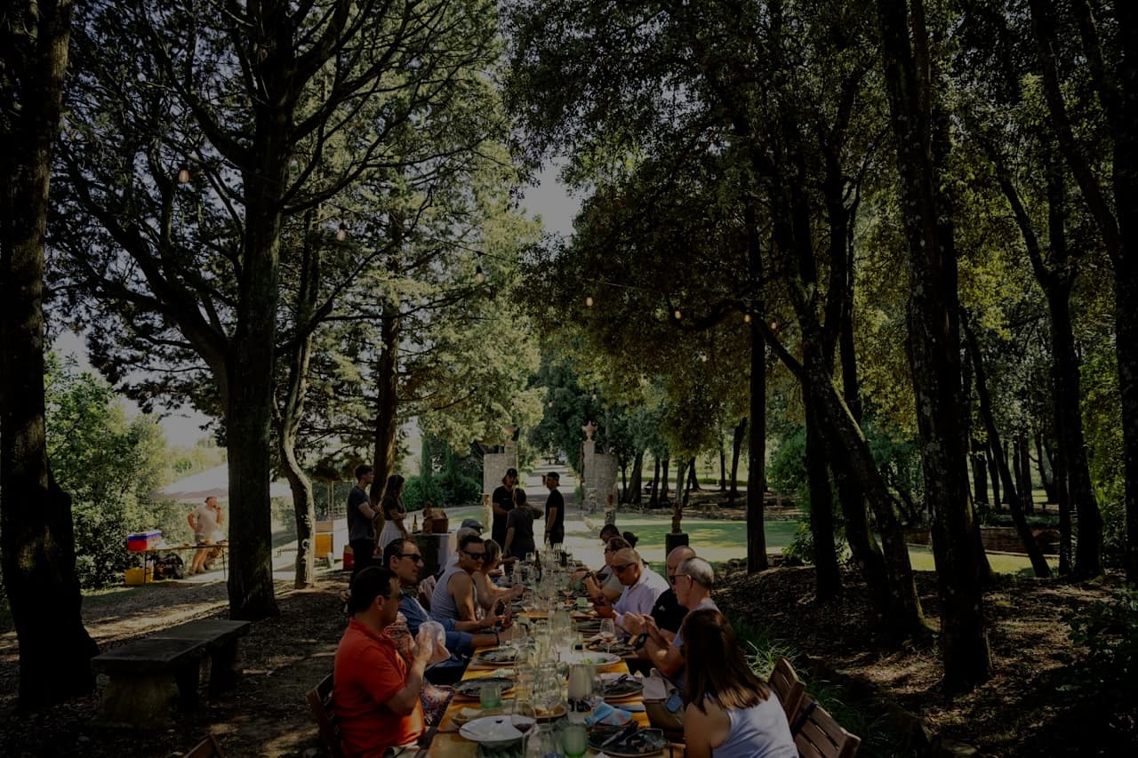 Outdoor dining scene with a long table set for a meal, surrounded by trees.