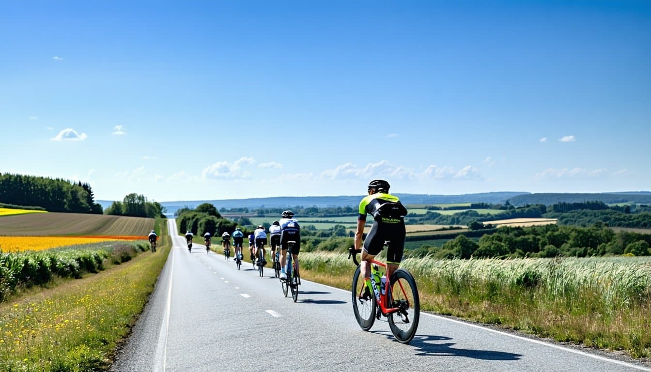 Group of cyclists riding on a rural road